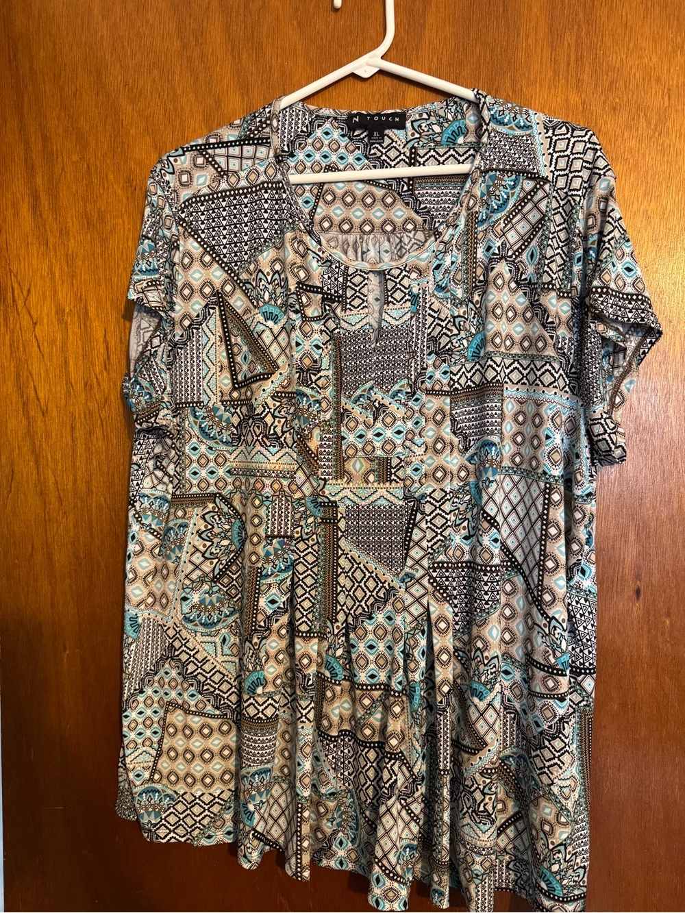 Women's Short-Sleeve Patchwork Print Blouse in Teal and Beige